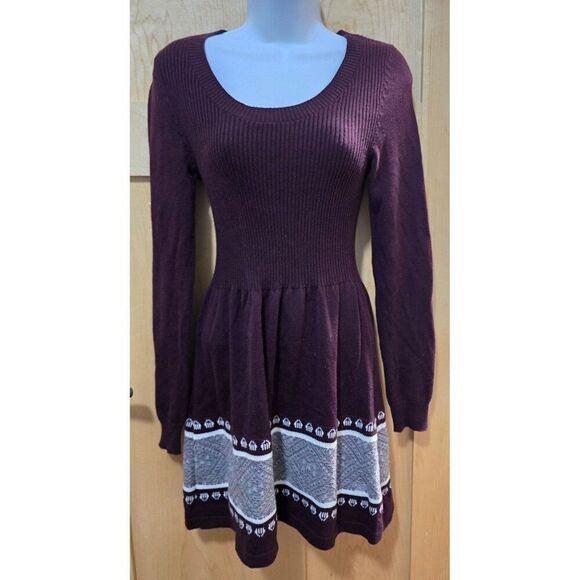 Vintage Cloud Chaser Lg Sleeve Burgundy Sweater Dress W Geometric Pattern W Sz S - Picture 1 of 7